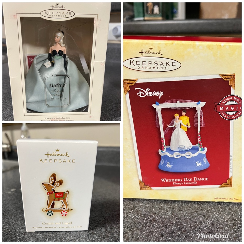 Hallmark Ornament Bundle- Barbie, Cinderella, Comet/Cupid